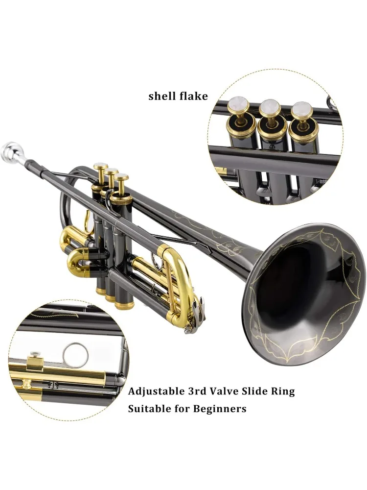 Bb Trumpet Standard Trumpet Set with Carrying Case,Gloves, 7C Mouthpiece, Cleaning Kit, Tuning Rod, Black Nickel,Hand