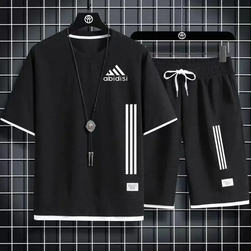 

Men's summer new jogging sports set: Short-sleeved printed T-shirt + fitness sports pants 2-piece set, a trendy and fashionable