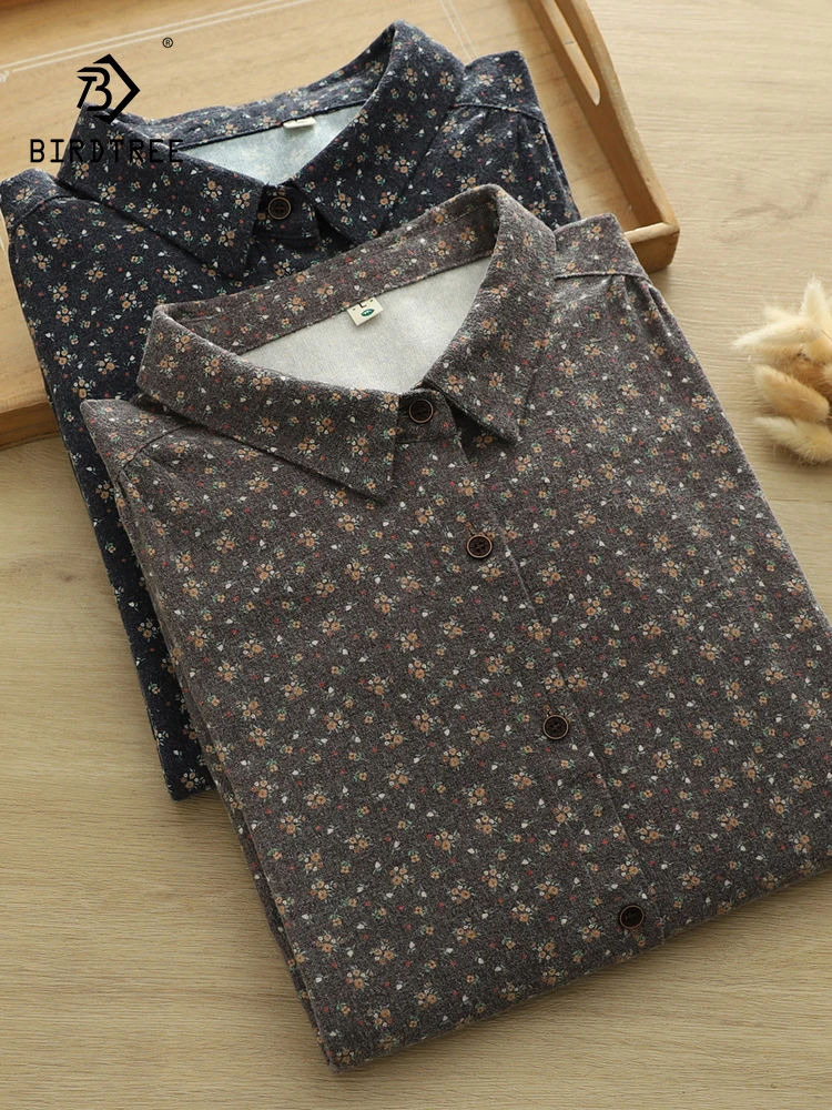 

Новинка 2025, осенняя хлопковая рубашка с длинными рукавами и начесом, женская рубашка с отложным воротником и принтом, модная повседневная свободная блузка Mori Girl T5O423CC