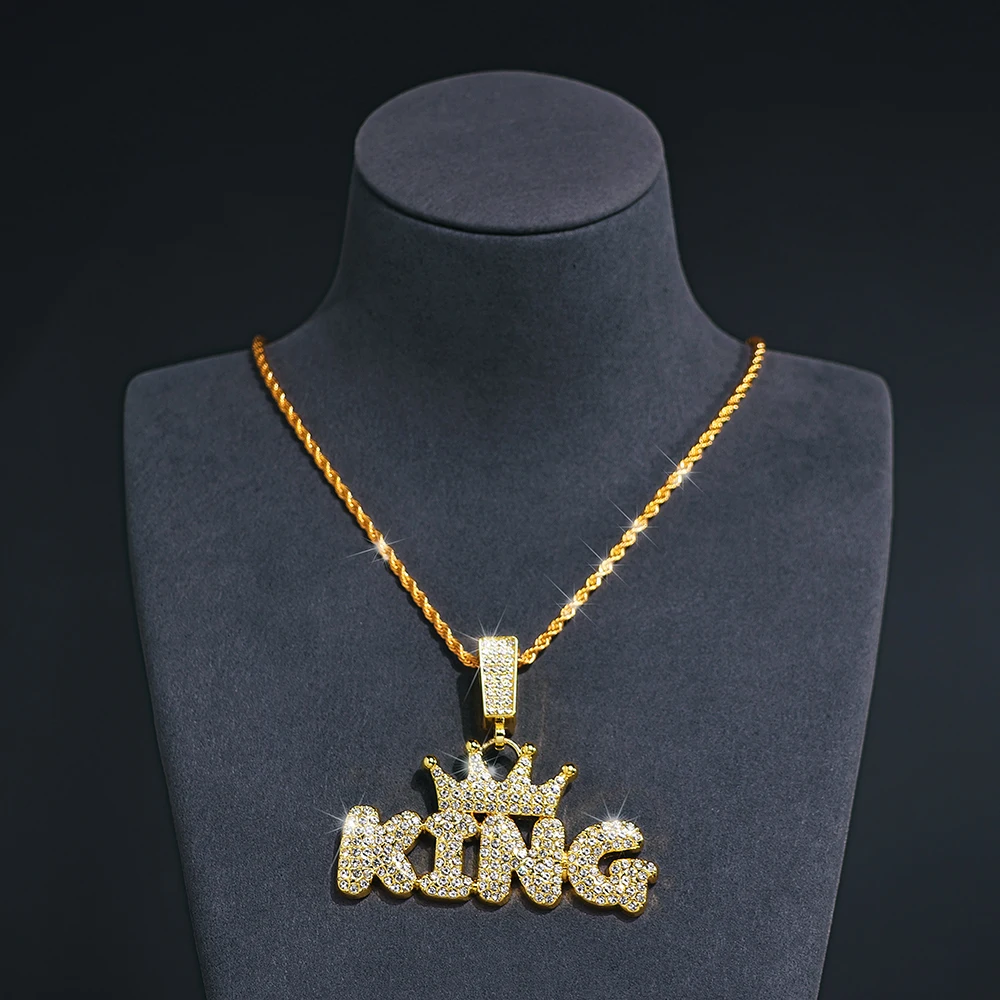 Fashion Hip Hop Crown with KING Pendant Necklace For Men Crystal Cuban Chain Iced Out Bling Hiphop Necklaces Rock Biker Jewelry