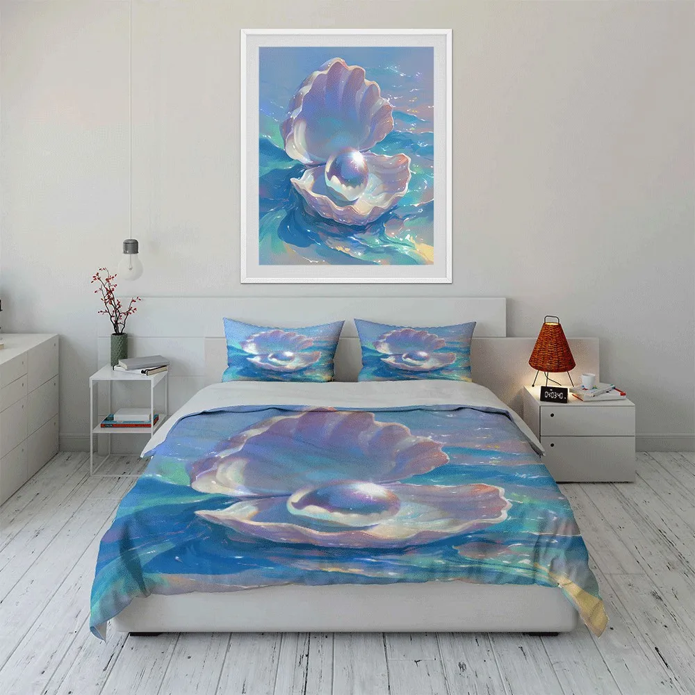 Pearl-Inspired Oceanic Decor Set Exquisite three-piece bedding set gift for kids and adults