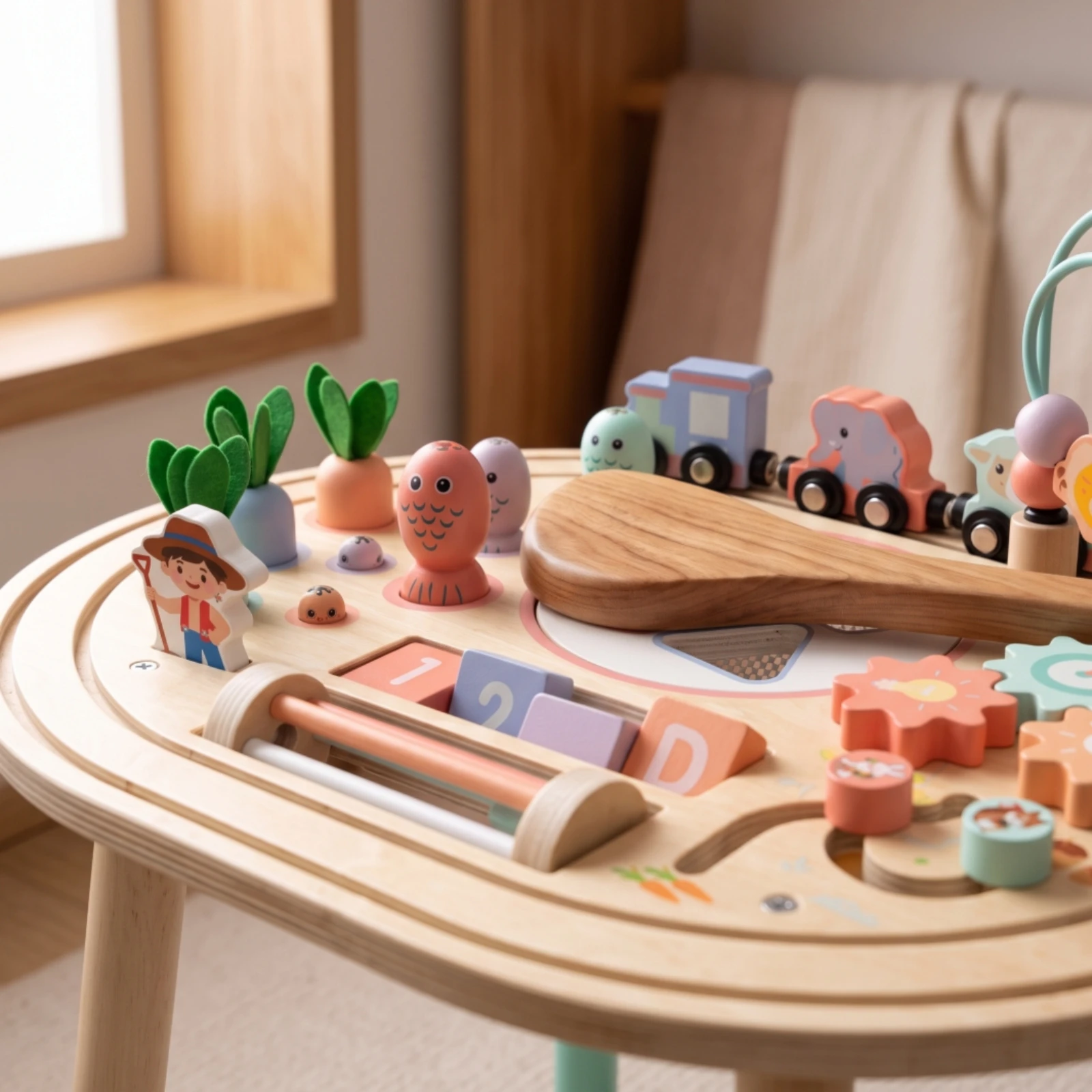 幼児用アクティビティテーブル-ビーズ迷路付き-木製手遊びアクティビティテーブル-早期学習玩具-手と目の協調性発達