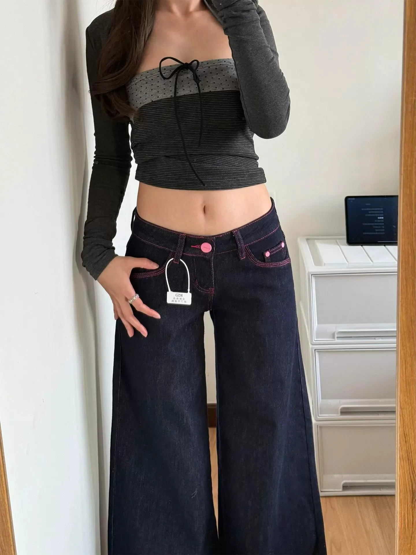 

Low Waist Wide Leg Denim Jeans Women's Design Sensation Slimming Long Pants Draping Loose Fit Retro Color Block Spring Summer