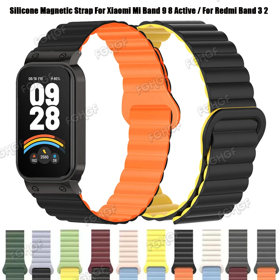 Silicone Magnetic Loop Strap For Xiaomi Smart Band 9 8 Active Bracelet Replacement Correa For Redmi Band 3 2 Wristband Accessory