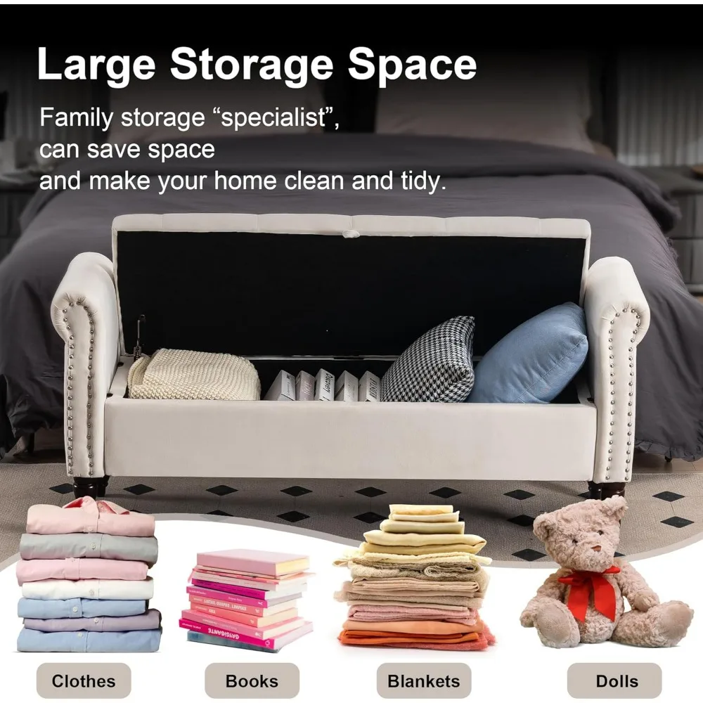 مقعد تخزين لغرفة النوم، طول 57 بوصة، عثماني منجد بأزرار مع مساحة تخزين ووسادتين #6