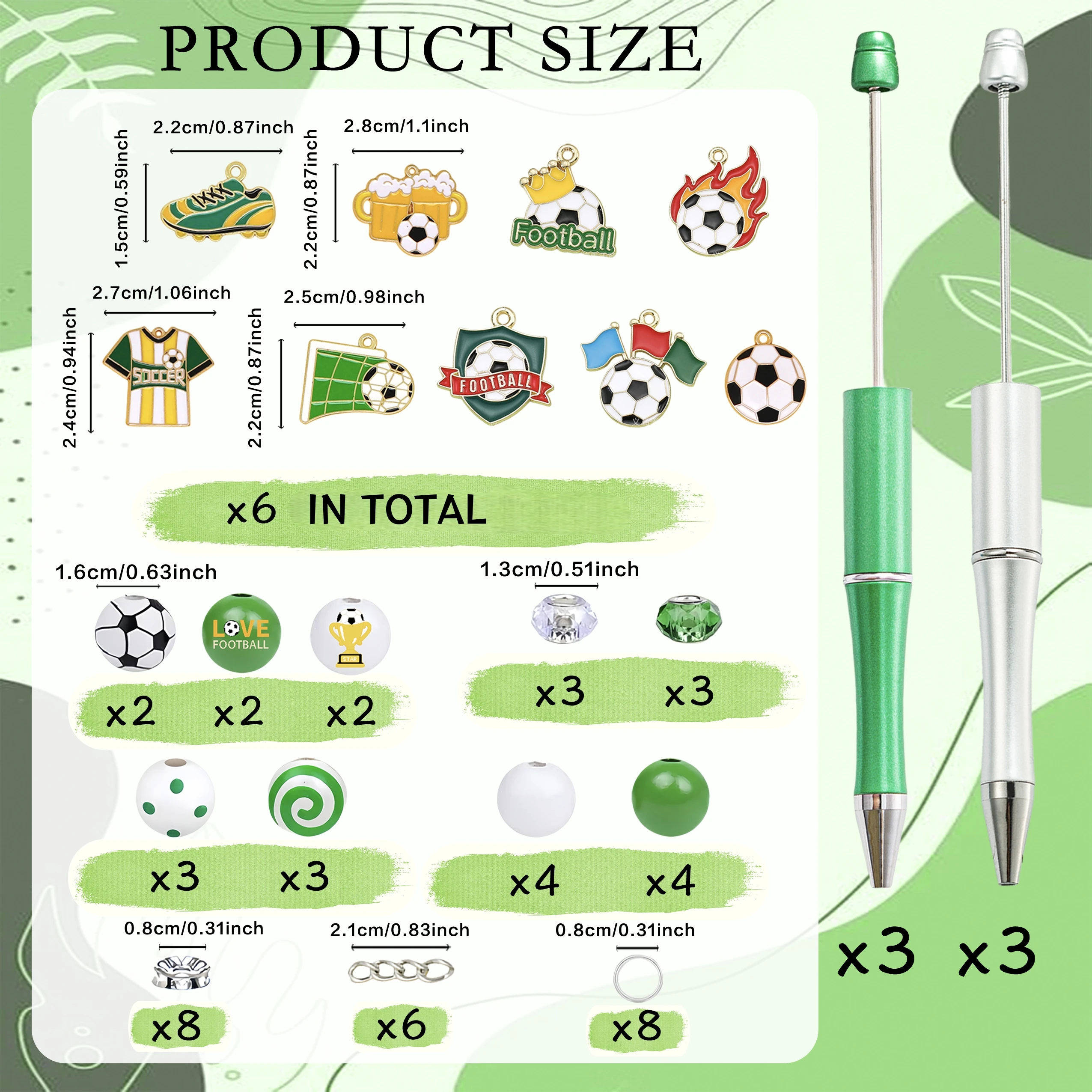6pcs/set Green and Silver Soccer DIY Beaded Pen, Personalized DIY Ballpoint Pen, Suitable for Study, Writing, Office