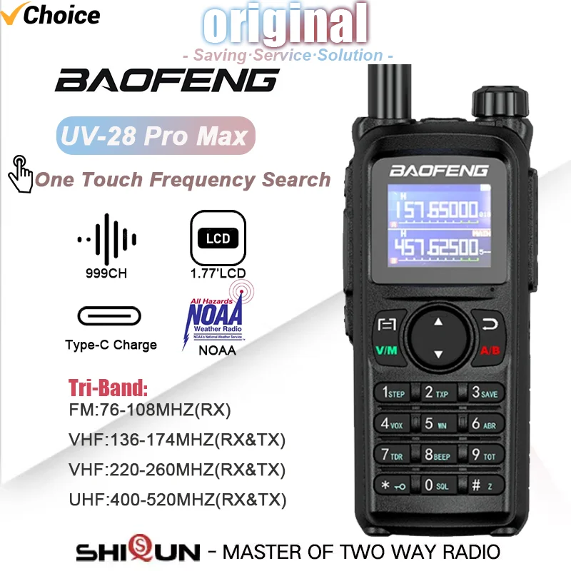 Baofeng UV-28 Pro Max Walkie Talkie Type-C Charge Tri-Band 999CH High Capacity NOAA One Touch Frequency Search Two Way Ham Radio