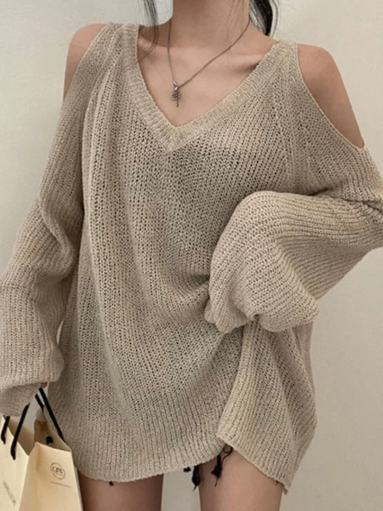 

Women's Retro V-Neck Off Shoulder Knitted Sweater, Loose Jumper, All-Match, Casual, Sunscreen, Elegant Tops, Korean, High Street