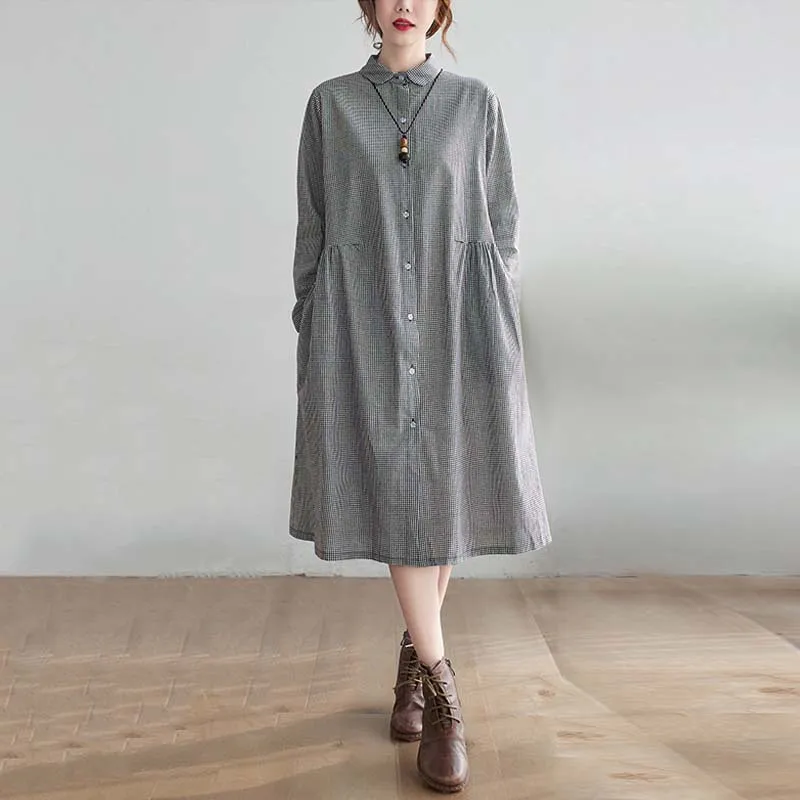 فستان ربيع وخريف جديد عتيق فضفاض من القطن والقنب بياقة مربعة وأكمام طويلة للنساء، فساتين قميص متوسطة إلى طويلة