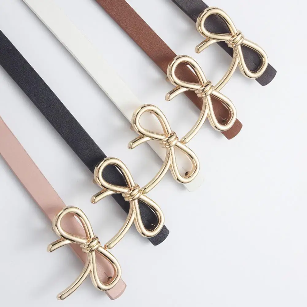 Metal Bow Embellished Waist Belt Elegant Metal Bowknot Decorated Women's Imitation Leather Belt with Adjustable for Stylish