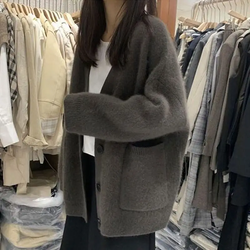

Mohair Gray Sweater Coat Women, Autumn And Winter Vintage Loose Lazy Style Mid-Length Knitted Cardigan Top