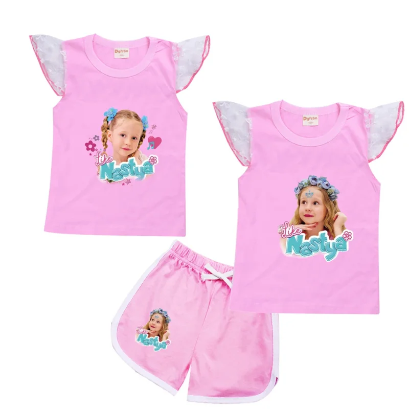 Summer Kid  Like Nastya Clothes Girls Nastya Cosplay Petal Sleeve T-shirt   Pants Sets Baby Children Birthday Party Outfit