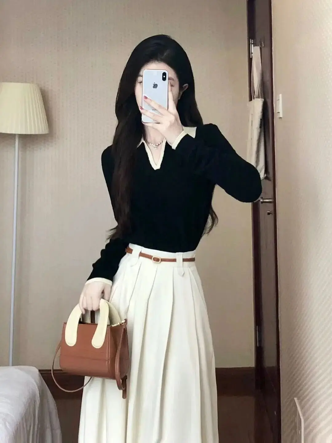 

Элегантный комплект с юбкой в стиле маленького аромата, вязаный топ с длинными рукавами, осенний наряд из двух предметов