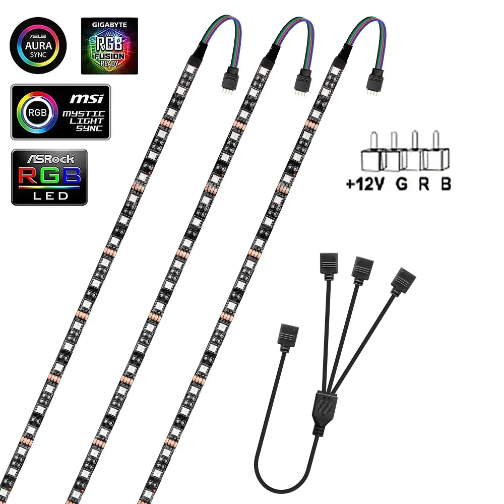 12V 4 Pin RGB Led Strip Light PC Gamer Led Tape Splitter Cable 5050 RGB Strip For Aura Sync MSI Mystic Light Motherboard Control