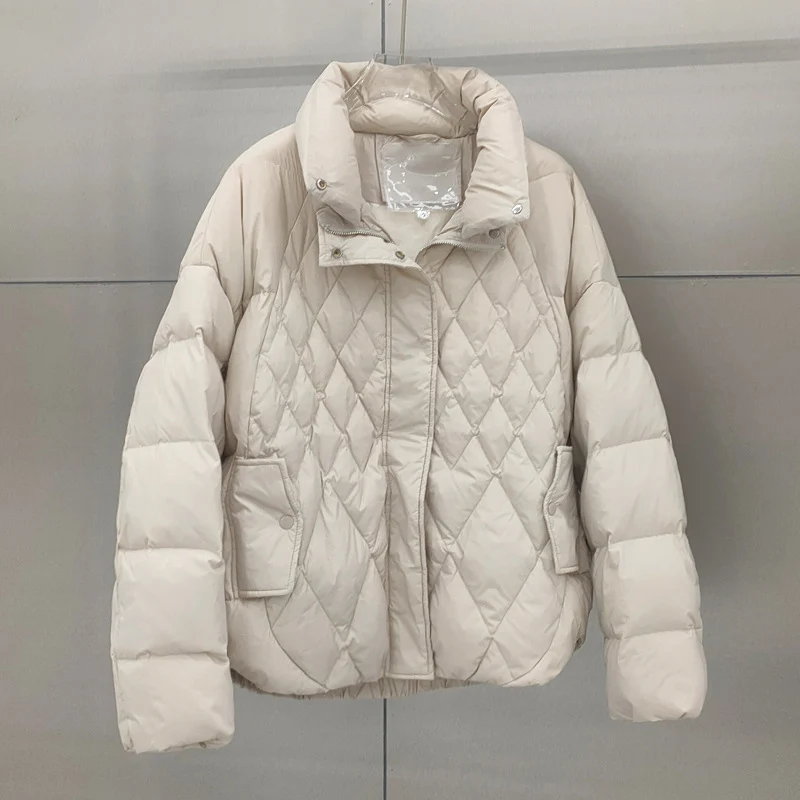 Schinteon Women White Duck Down Jacket Stand Collar Argyle Autumn Winter Casual Over Size Outwear Coat Real Picture Top 2024 New