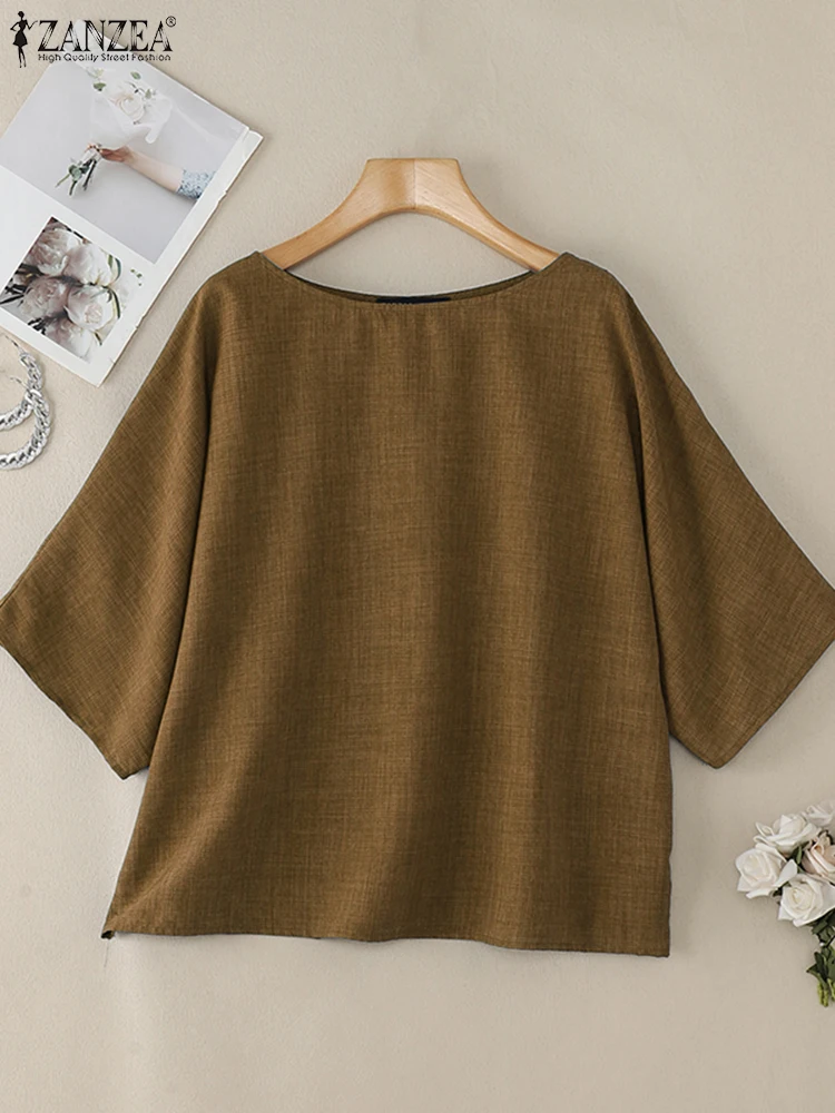بلوزة نسائية غير رسمية من ZANZEA بأكمام 3/4 بلون سادة ورقبة قارب 2025 بلوزات صيفية فضفاضة للعطلات قطع علوية كلاسيكية