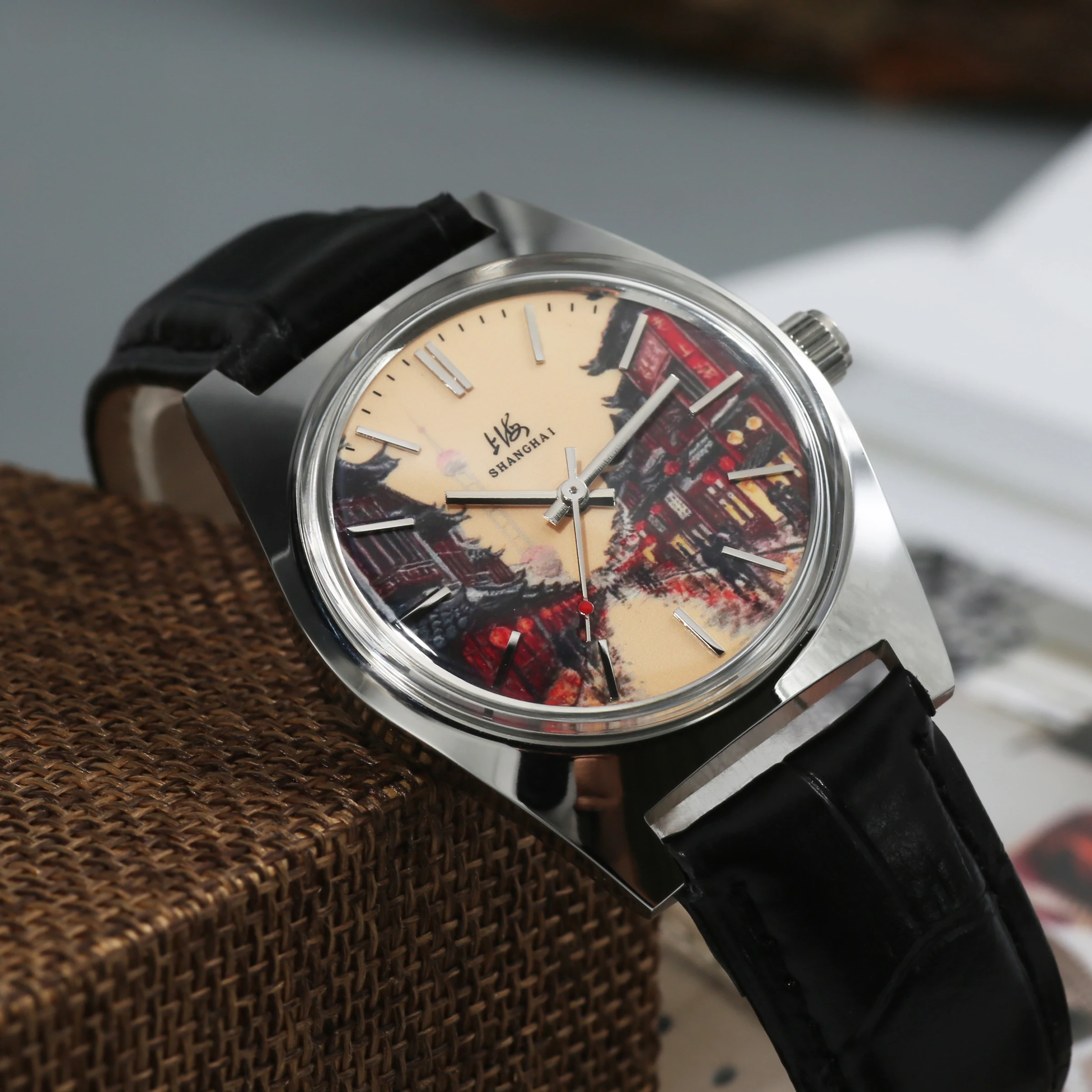 Reloj mecánico Shanghai 7120 Bauhaus: reloj de cuerda manual para hombre de 36 mm con esfera esmaltada, resistente al agua