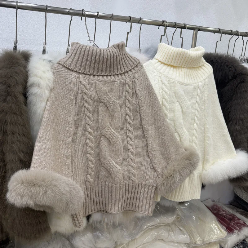 

Новый осенне-зимний стильный вязаный пуловер с мехом и высоким воротом, женский свитер, верхнее пальто