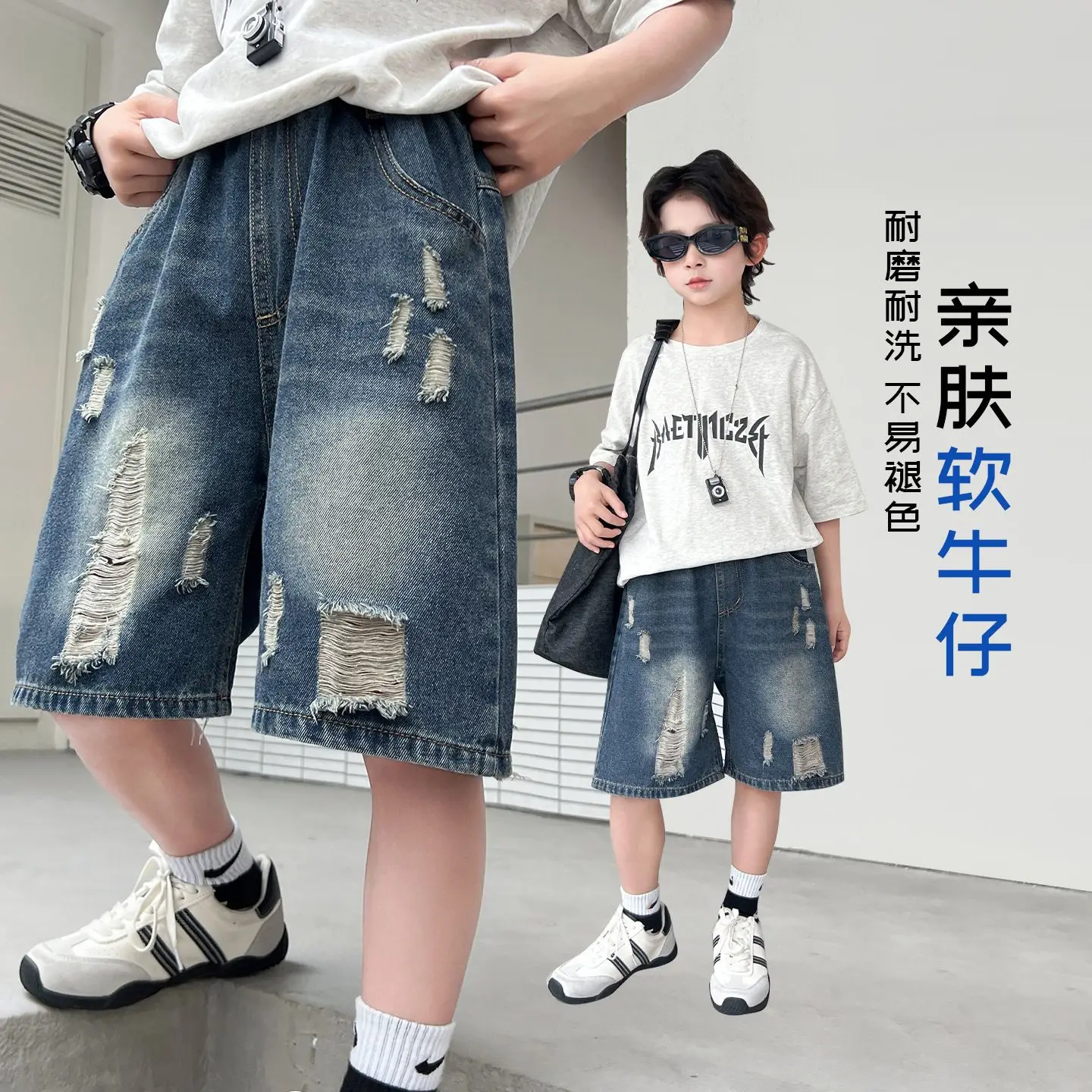 Boys Ripped Denim Capris Summer Outer Wear Thin Fashion 5 Points Jeans Shorts 2026 New Style Cool Trousers For Teen Children