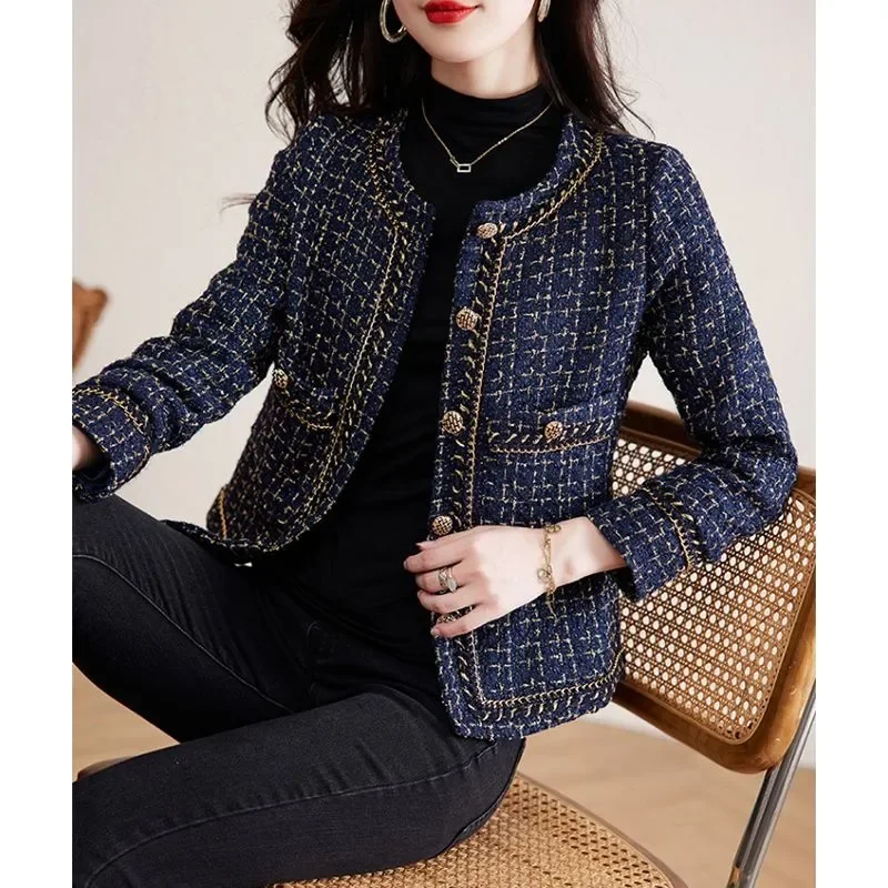 Vintage Cropped Tweed Jacket Women Blazer Korean Chic Single-breasted Long Sleeve Plaid Coat Spring Autumn Suit Outerwear New