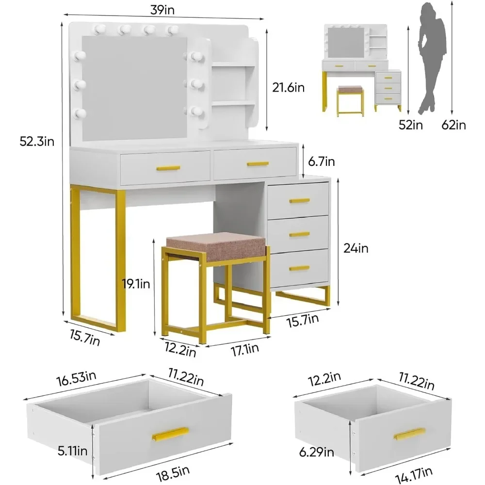 Storage Makeup Vanity Desk With 10 LED Lights Mirror and 5 Drawers Dressing Table Toiletries Furniture Dressers for Bedroom Home