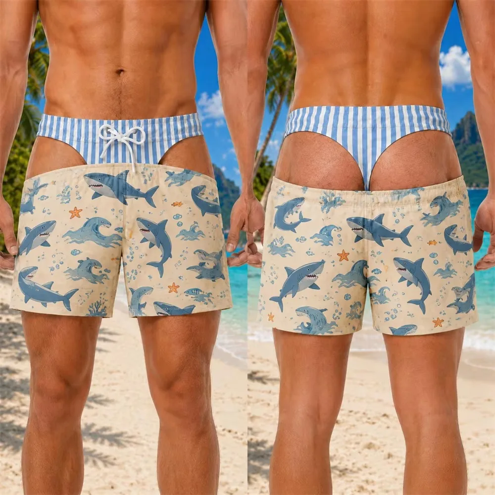 2026 New Men’s Fun Unique Swim Trunks Hawaiian-Style Coconut Print Casual Shorts with Drawstring Perfect for Beach Vacations