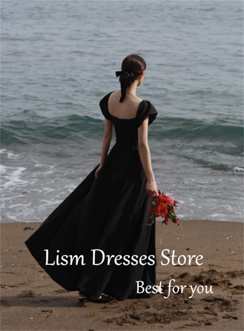LISM Black Elegant Evening Dresses Short Sleeves A-line Draped Bridal Gown Floor-Length Wedding Reception Dresses Photo Shoot
