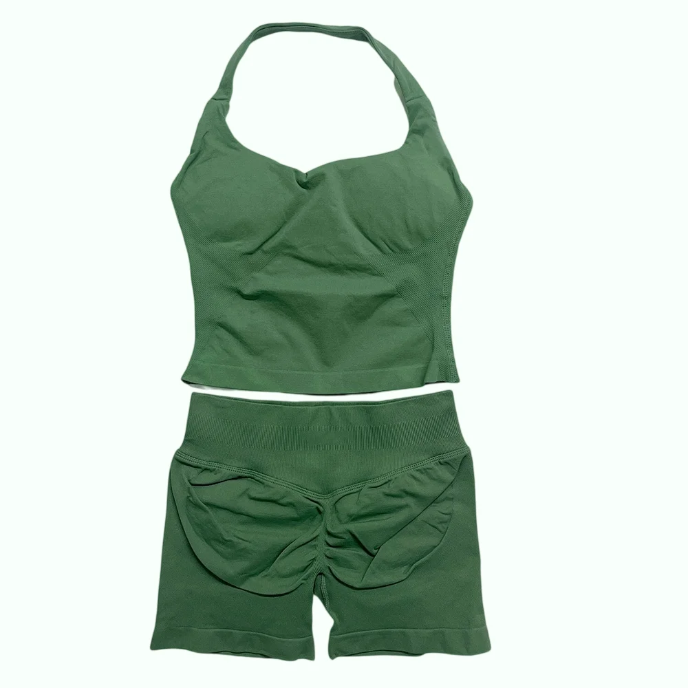 Dfy-L0g0 2-delige Impact Gym Set DF Halter Tops Hoge Taille Scrunch Naadloze Shorts Fitnesskleding Activewear Workout Set Gympak
