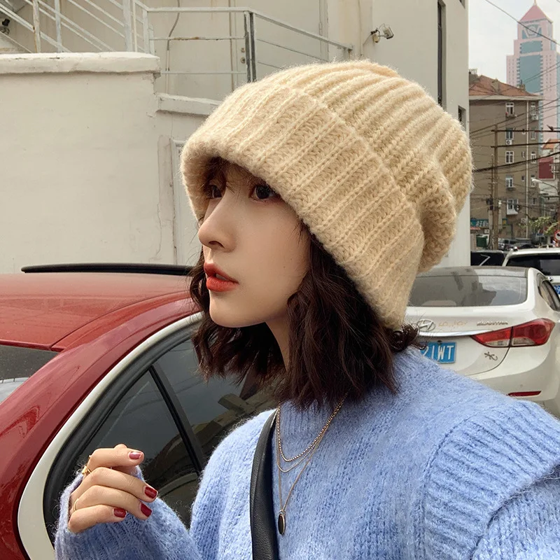 المرأة محبوك قبعة مخططة الخريف الشتاء فضفاض مترهل قبعة بلون فتاة سيدة في الهواء الطلق قبعة دافئة عادية لينة بونيه قبعة