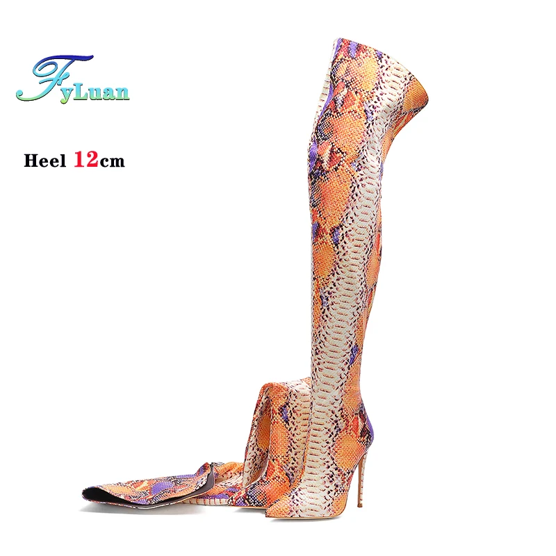 

12CM Stiletto Winter Snakeskin Pattern Over the Knee Boots For Women Back Zip Long Shoes Slim Leg Sexy Thigh High Heels Size 45