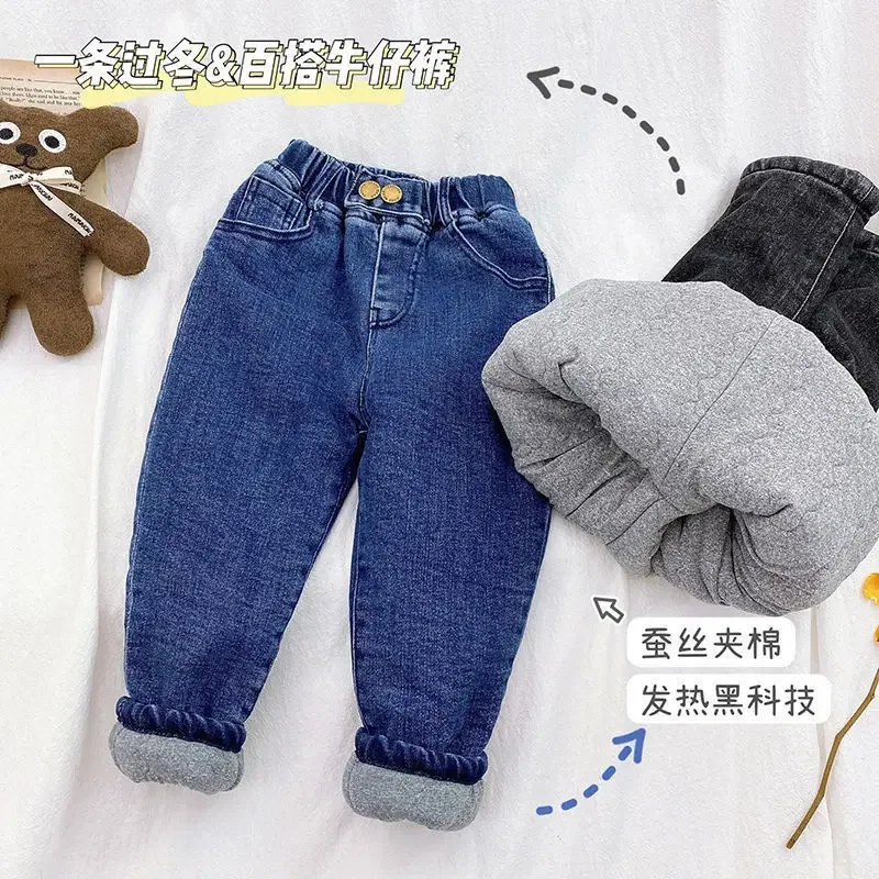 

Kids Winter Boy Jeans Solid Color Fleece Thermal Casual Denim Trousers for Toddler Boys Clothes Cotton-padded 2T Baby Warm Pants