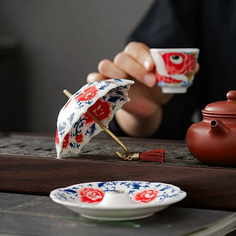 

Creative Blue and White Umbrellas Tea Bowls Ceramic Filter Screens Tea Ceremony Accessories Decorations and Ornaments