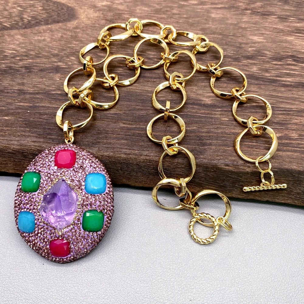 Y·YING Natural Purple Amethyst Rough Multi Color Jade Crystal Pave Pendant Chain Necklace 18