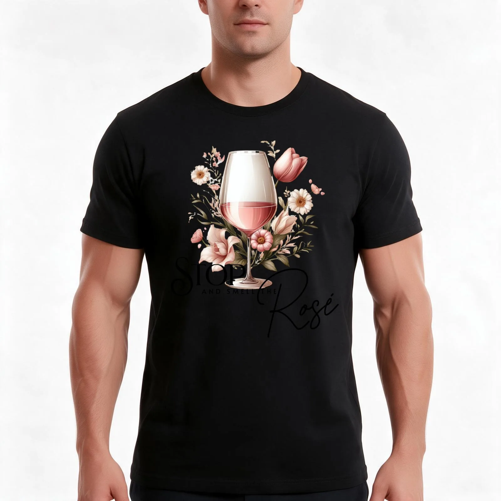 Stop and Smell the Rosé, wine glass and flower design T-Shirt, Summer Casual Cotton Tee, Oversized Streetwear Tops, 100% Cotton