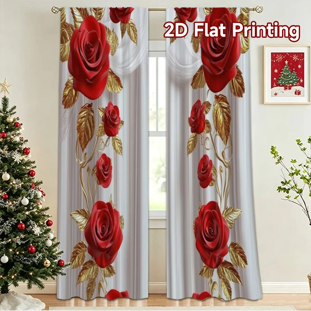 2D flat 2pcs Curtain Vintage drapes and curtains Red Roses Gold Leaves Digitally printed polyester Party & Holiday Decor Perfect