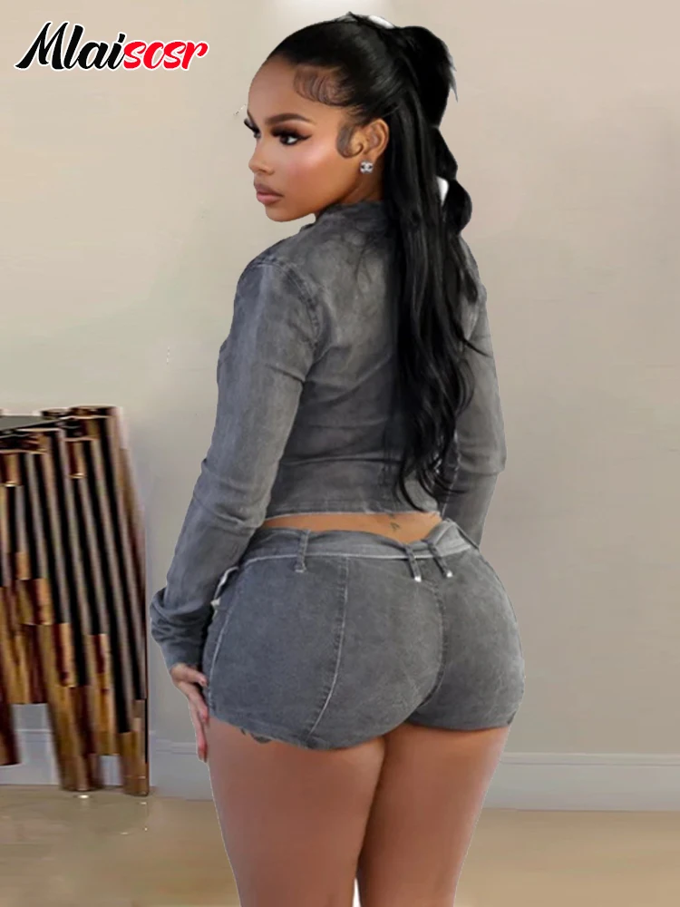 Mlaiscsr Stretch Denim Suits Women Shorts Set Long Sleeved Crop Jacket and Short Jeans with Belt Two Pieces Streetwear Outfits