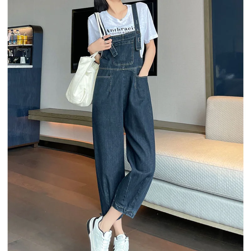 Korean Version of The Popular High-waisted Denim Overalls Women\'s New Loose and Thin Dark Blue Fashion Versatile Jeans Jumpsuit