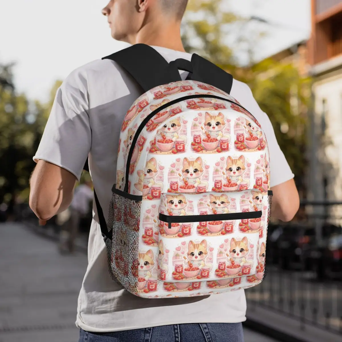 Kitten Making Strawberry Jam Pastel Cat Kitchen Dessert Backpack Student BookBag Kids School Bag Shoulder Bags for Men Women