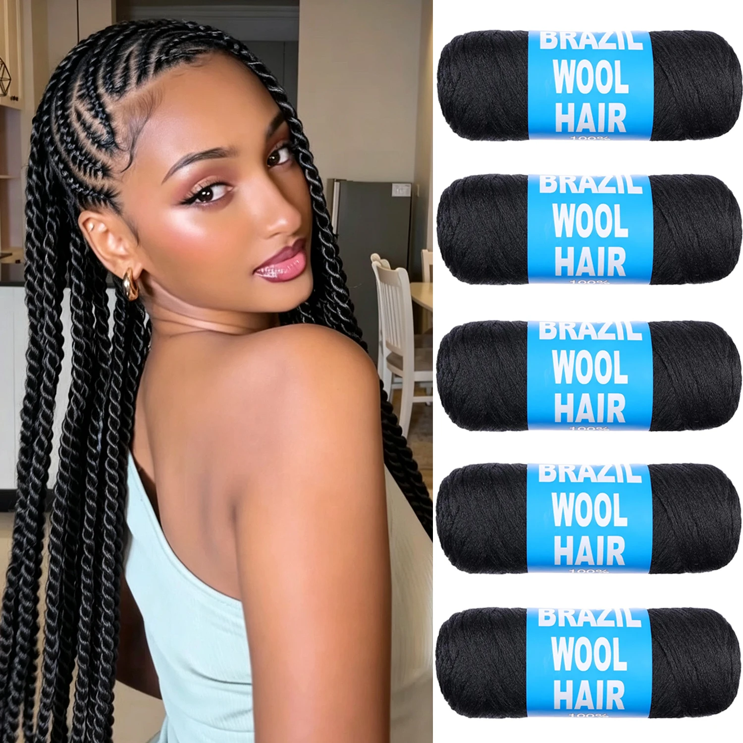 5 Pack  Synthetic Brazilian Wool Hair Acrylic Yarn for African Braids/Senegalese Twist/Faux Locs/Wraps with Crochet Hook