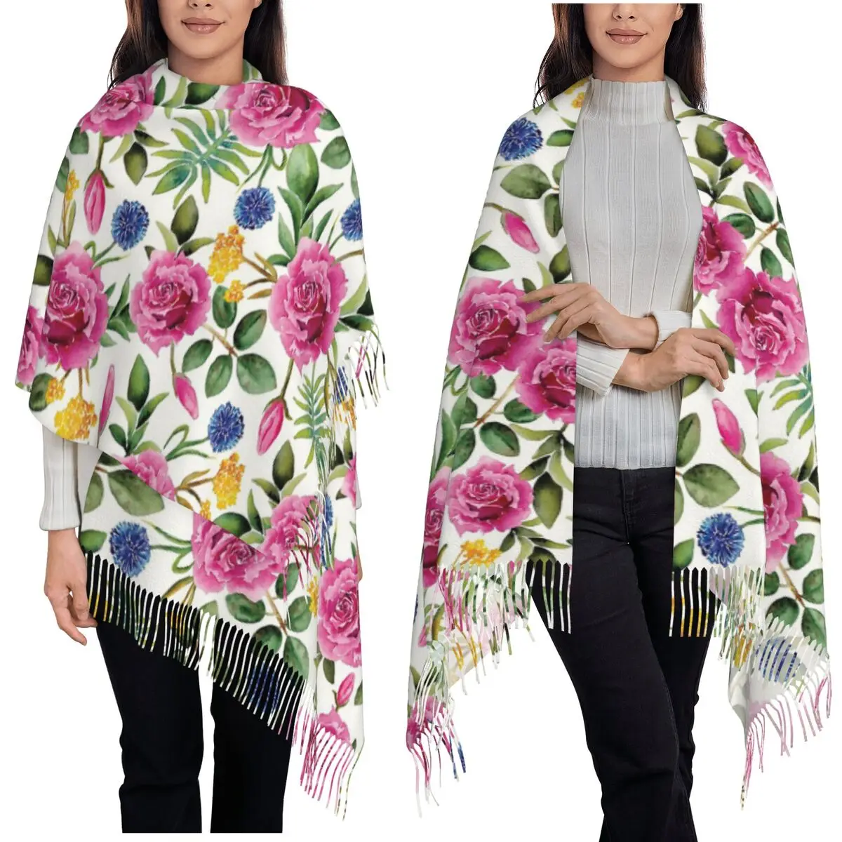 

Акварельные розы, шарф с цветочным ботаническим узором, шарфы с кисточками, женские мягкие теплые шали и накидки, длинная осенне-зимняя шаль