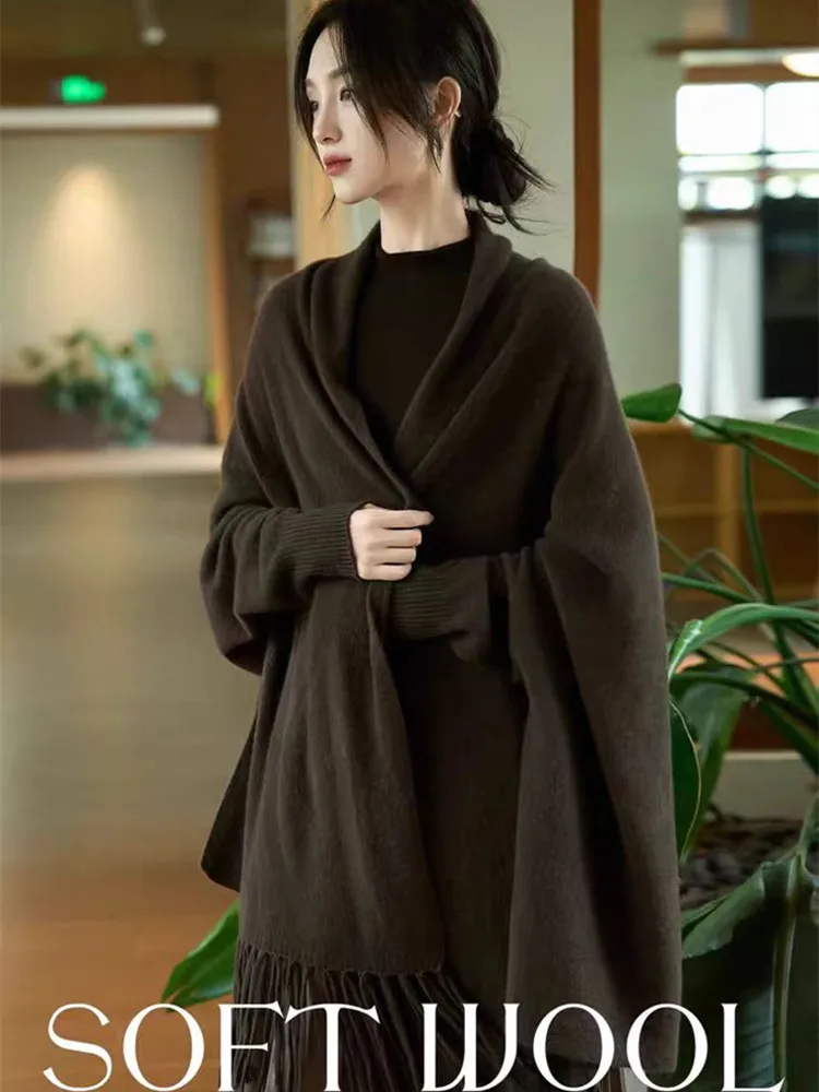 

Fashion Women's Tassel Shawl 100% Pure Wool Knit Scarf Korean Style 2025 Autumn Winter High End Cashmere Warm Stylish Accessory