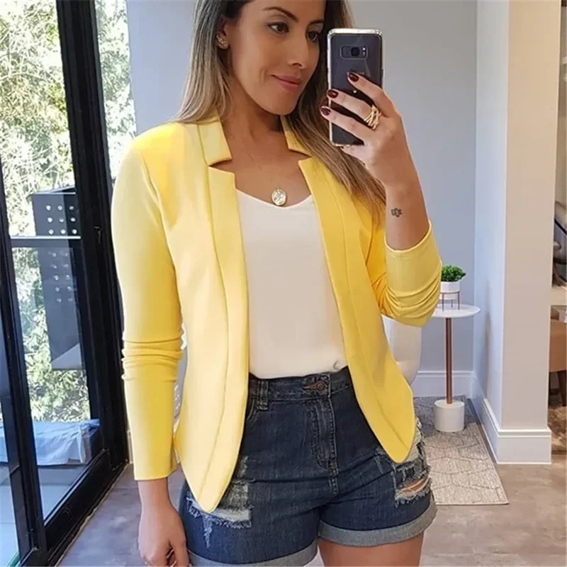 S-6XL Women Yellow Casual Lapel Short Blazers Single Breasted Solid Colors Office Work Suits 2023 Woman Plus Size Cotton Blazer