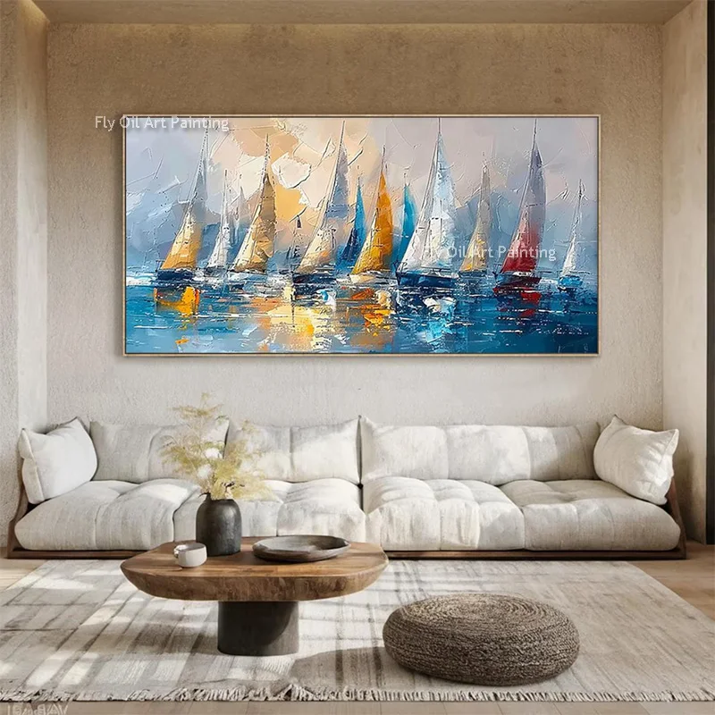 قوارب الشراع الملونة على البحر سكيب النفط اللوحة رسمت باليد كبيرة الأزرق المحيط عرض القوارب البيضاء الصفراء قماش جدار ديكور فني #1