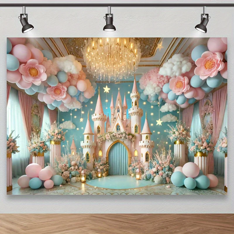 1 elegante fondo de princesa, tela de fondo de cuento de hadas de castillo rosa de poliéster, fiesta de fantasía y celebración de ensueño