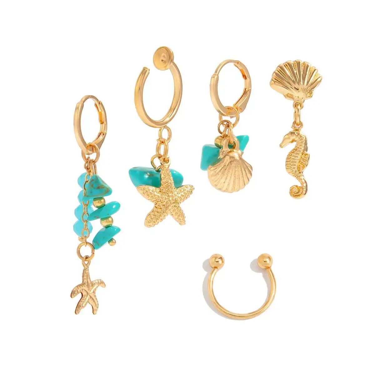 

PuRui 5 Pcs/Set Trendy Elegant Blue Stone Tassels Hoop Earrings for Women’s Summer Ocean Starfish Conch Pendant Earring Jewelry