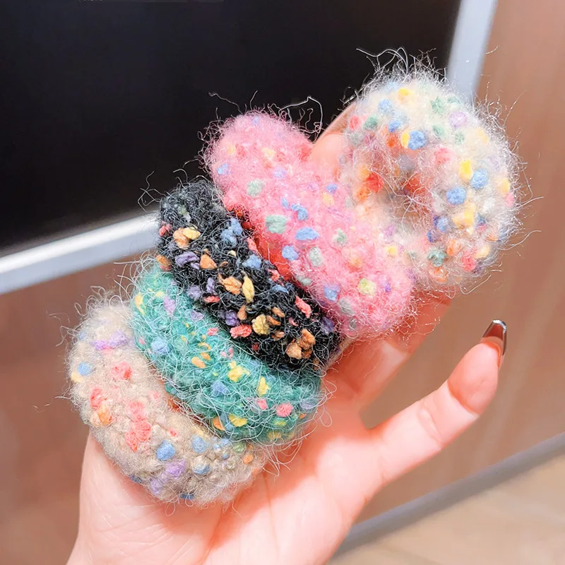 Sweet Cute Plush Elastic Hair Bands For Girls Student White Colorful Knitted Hair Ties Ropes Kawaii Ponytail Holder Headwear Gum