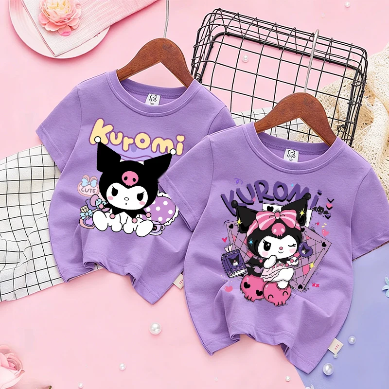 

Cute Kuromi Girl's T-shirt Kids Cotton Sanrio Anime Cartoon Purple Clothes Tees Child Kawaii Streetwear Casual Short Sleeve Tops