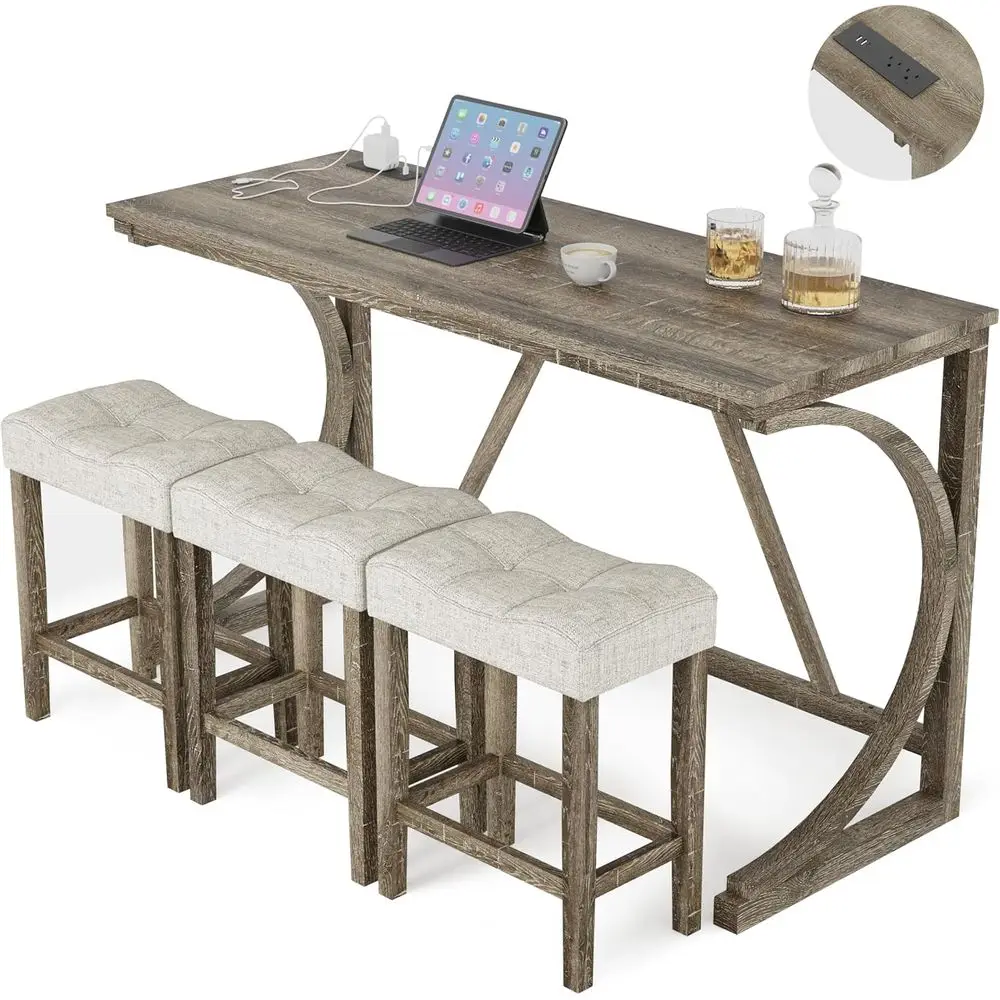 

4-Piece High Counter Table Set with 3 Padded Stools, Natural Breakfast Nook