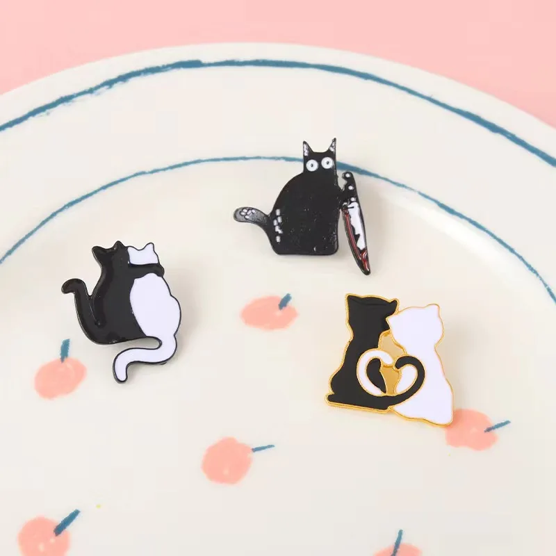 Loving Kitten Couple Enamel Pins Black White Cat Hug Knife Brooches Lapel Metal Badge Jacket Backpack Gift for Women Men Jewelry