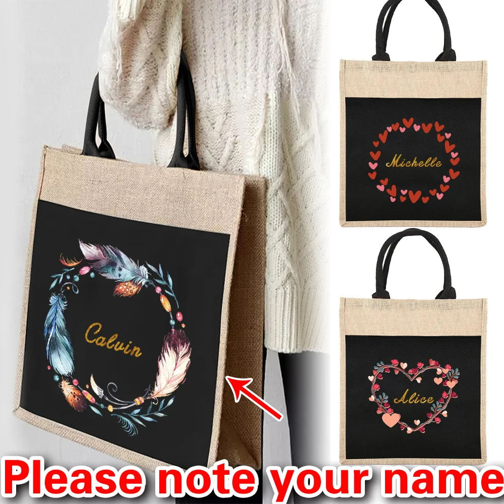 

Customizable Name Women's Shopping Bag Reusable Linen Handbag Flower Pattern Series Grocery Shopping Bag